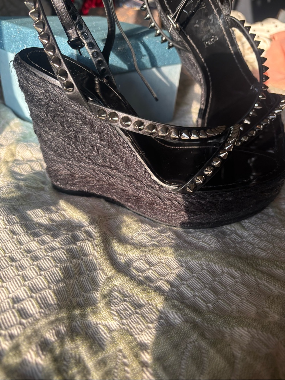 Christian Louboutin Black Studded Espadrille Wedges